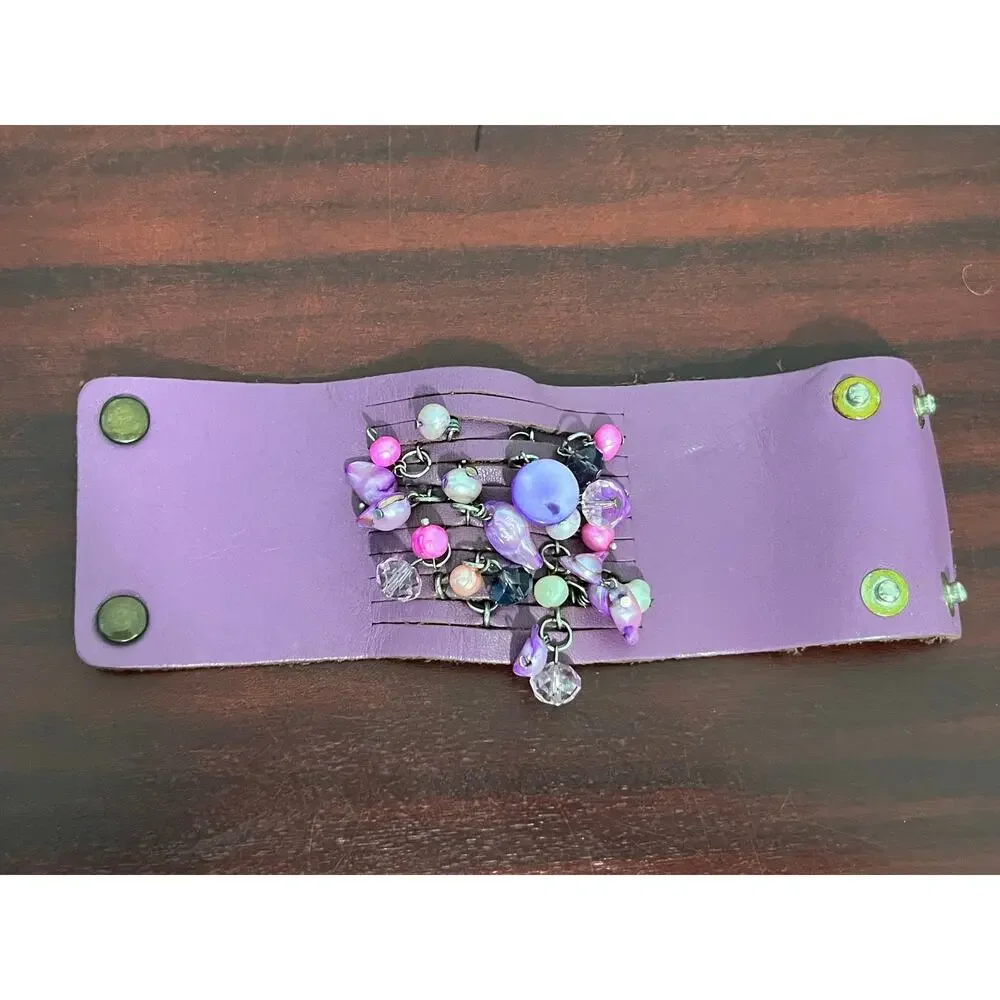 VTG Y2K Artisan Purple Leather Cuff Bracelet Beads Pearls Shells Boho Festival